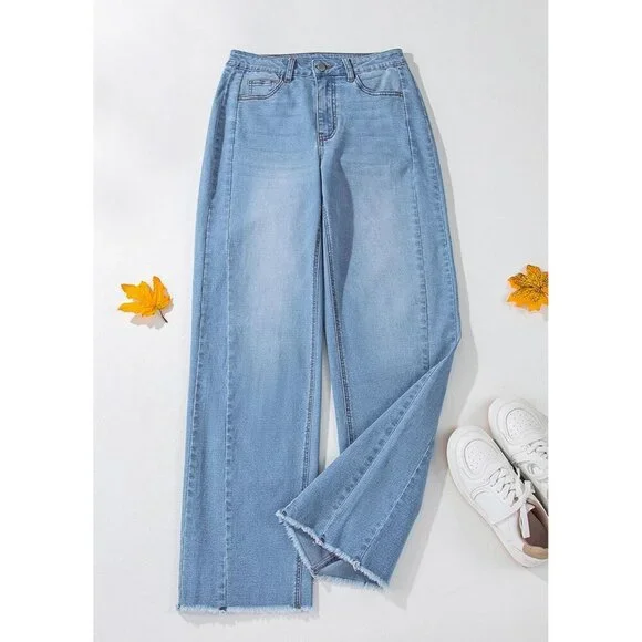 Wide Leg Jeans Women High Waisted Stretchy Baggy Raw Hem Denim Palazzo - Picture 5 of 5